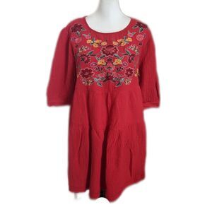 Umgee 100% cotton red swing dress with embroidery, puff sleeve, L